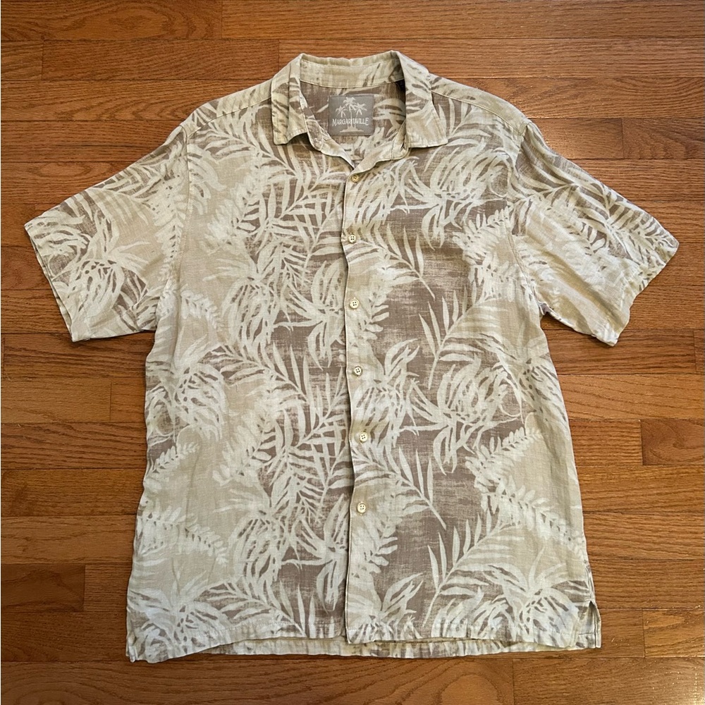 Margaritaville Silk Linen Blend Lightweight Beige Palm Button Down